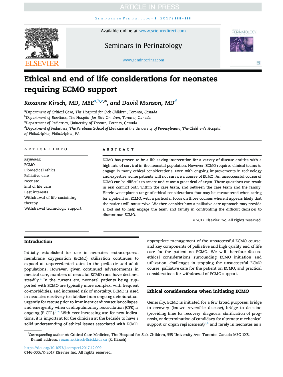 Ethical and end of life considerations for neonates requiring ECMO support