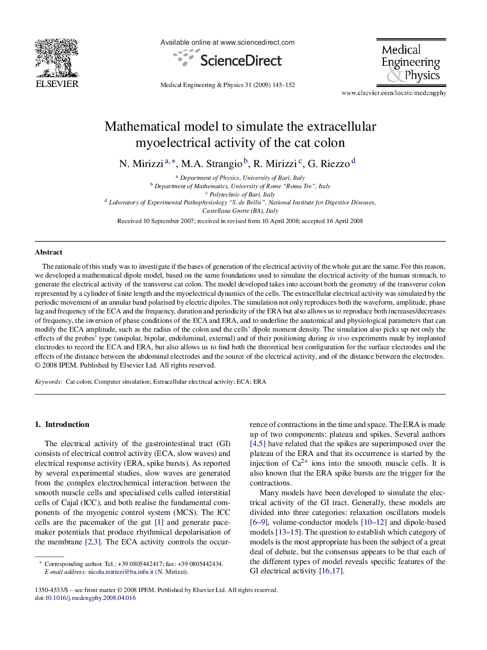 Mathematical model to simulate the extracellular myoelectrical activity of the cat colon