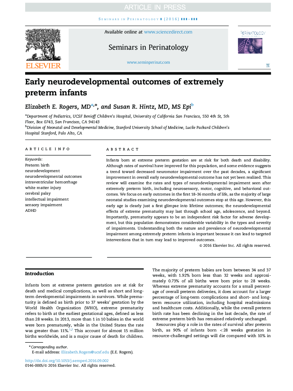 Early neurodevelopmental outcomes of extremely preterm infants