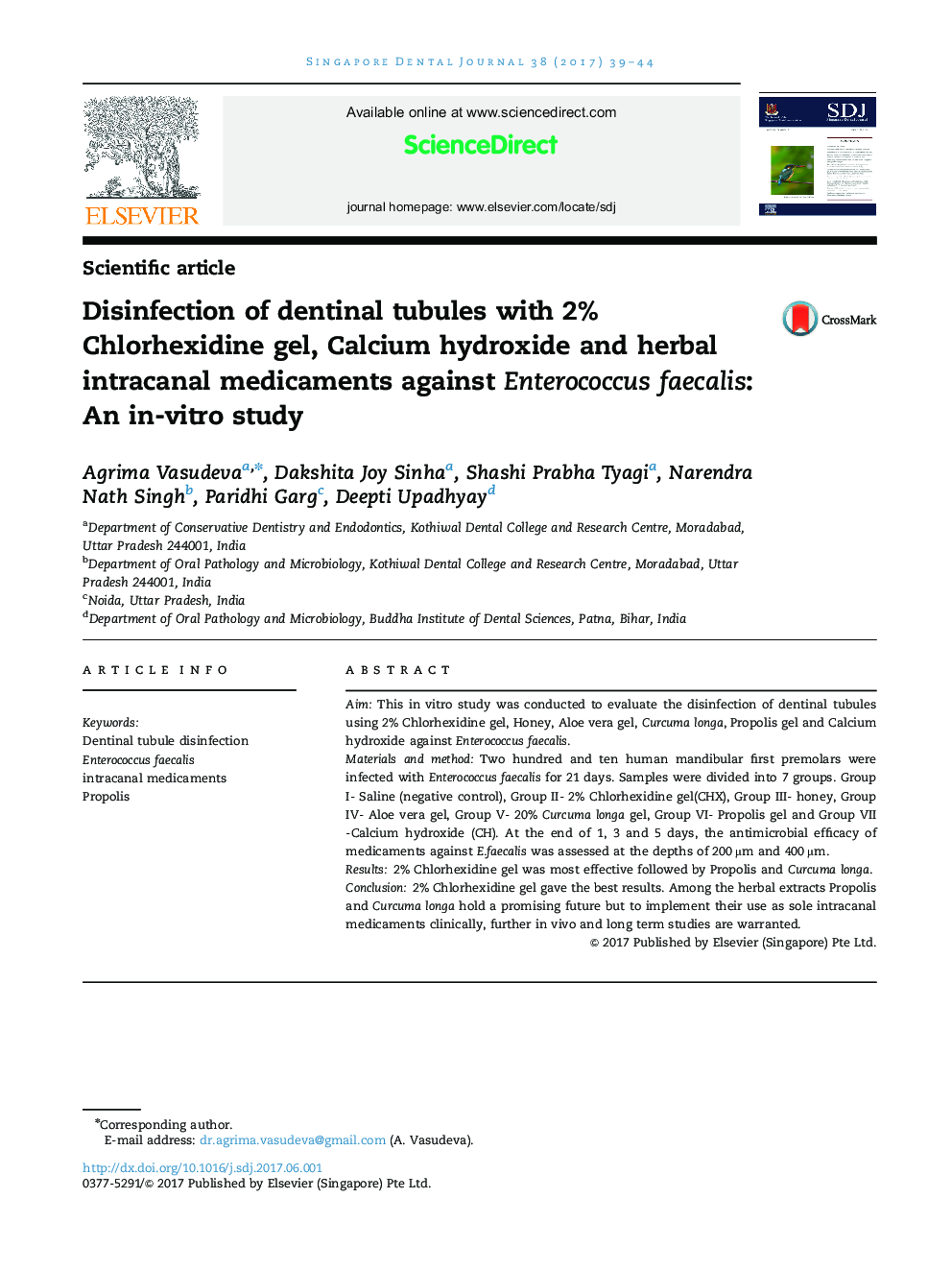 Disinfection of dentinal tubules with 2% Chlorhexidine gel, Calcium hydroxide and herbal intracanal medicaments against Enterococcus faecalis: An in-vitro study