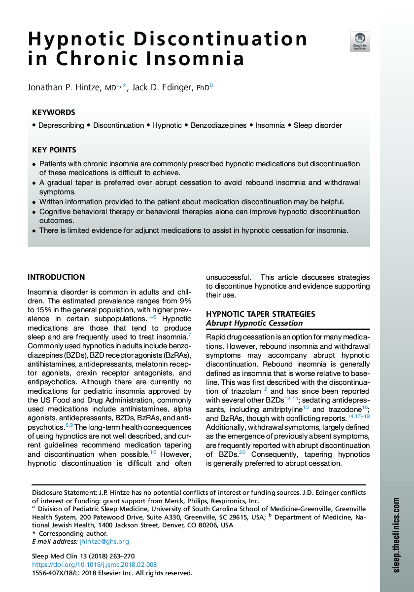 Hypnotic Discontinuation in Chronic Insomnia