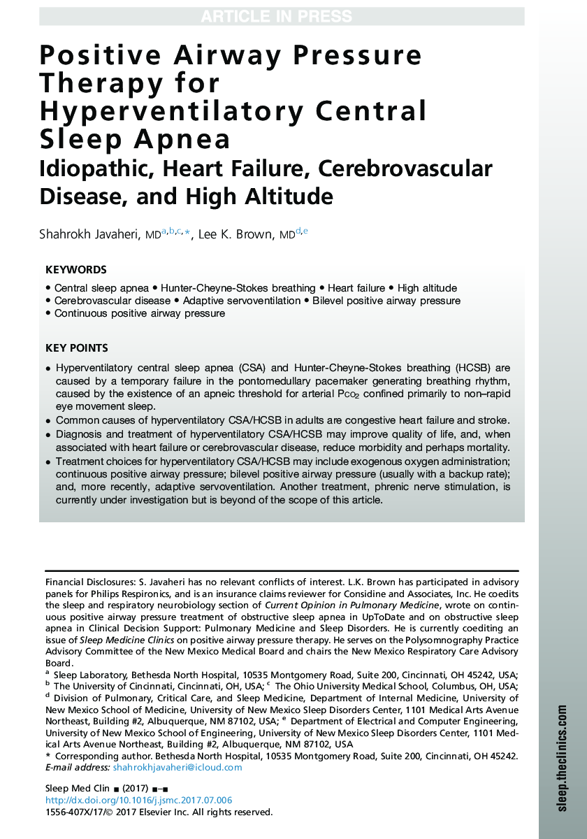 Positive Airway Pressure Therapy for Hyperventilatory Central SleepÂ Apnea