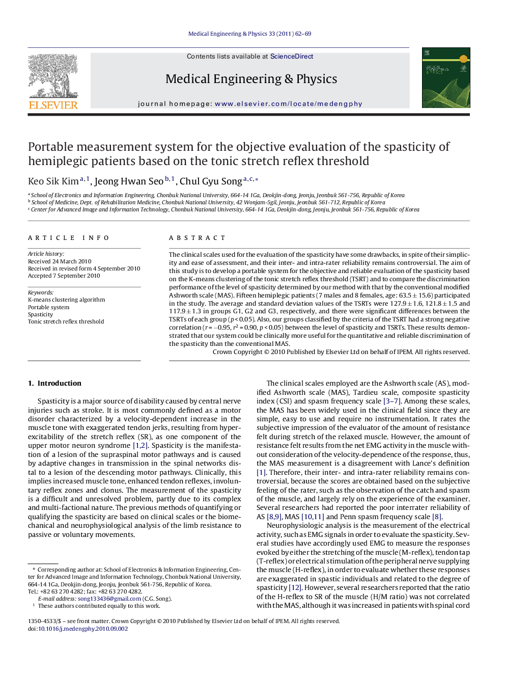 Portable measurement system for the objective evaluation of the spasticity of hemiplegic patients based on the tonic stretch reflex threshold