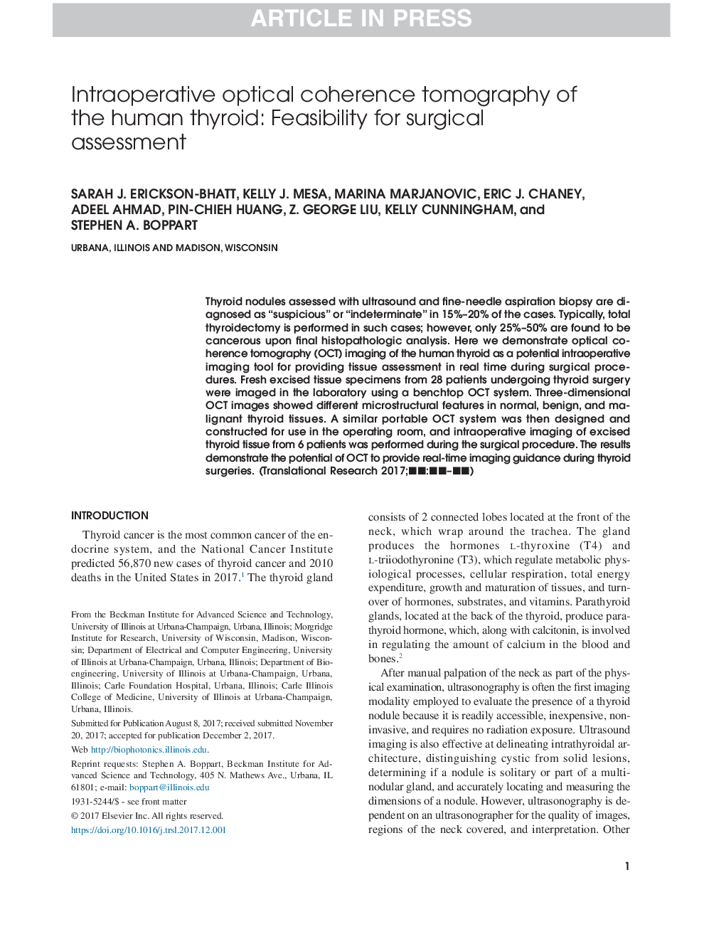 Intraoperative optical coherence tomography of the human thyroid: Feasibility for surgical assessment