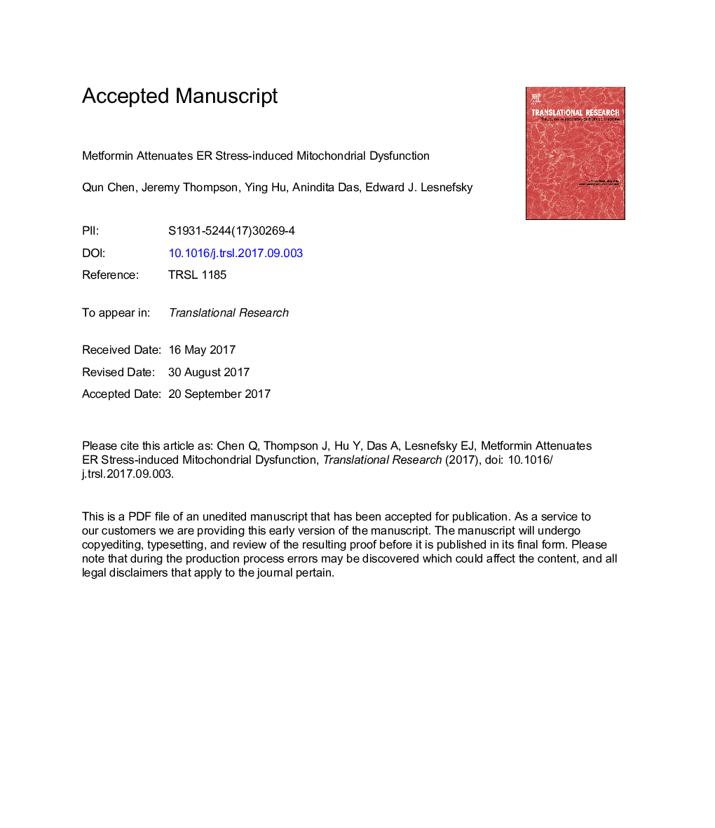 Metformin attenuates ER stress-induced mitochondrial dysfunction