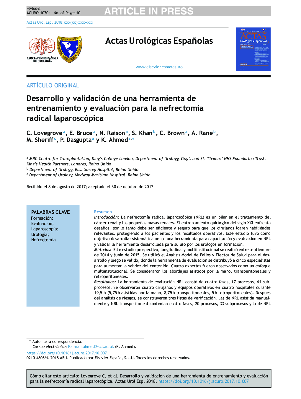 Desarrollo y validación de una herramienta de entrenamiento y evaluación para la nefrectomÃ­a radical laparoscópica