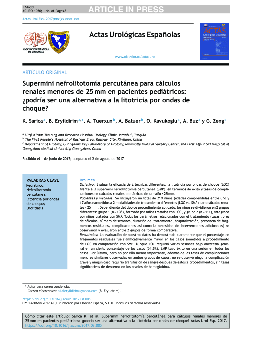 Supermini nefrolitotomÃ­a percutánea para cálculos renales menores de 25Â mm en pacientes pediátricos: Â¿podrÃ­a ser una alternativa a la litotricia por ondas de choque?