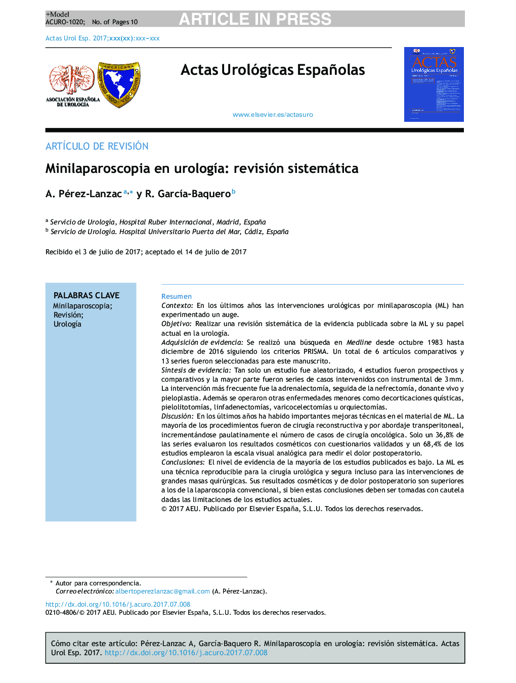 Minilaparoscopia en urologÃ­a: revisión sistemática