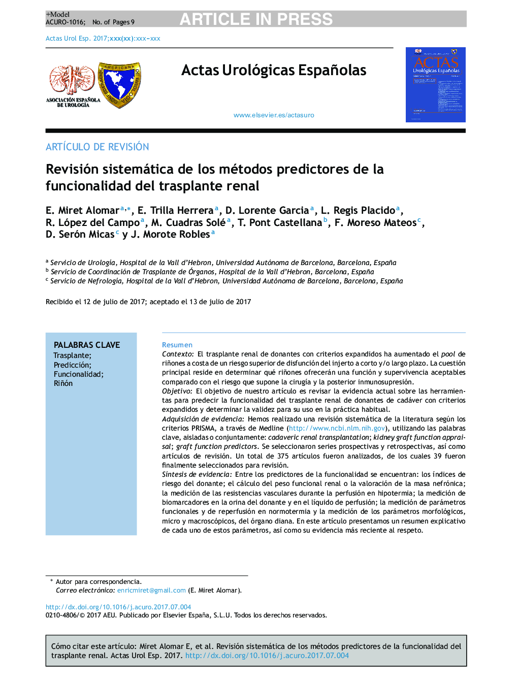 Revisión sistemática de los métodos predictores de la funcionalidad del trasplante renal