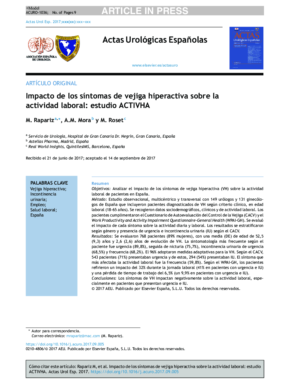 Impacto de los sÃ­ntomas de vejiga hiperactiva sobre la actividad laboral: estudio ACTIVHA