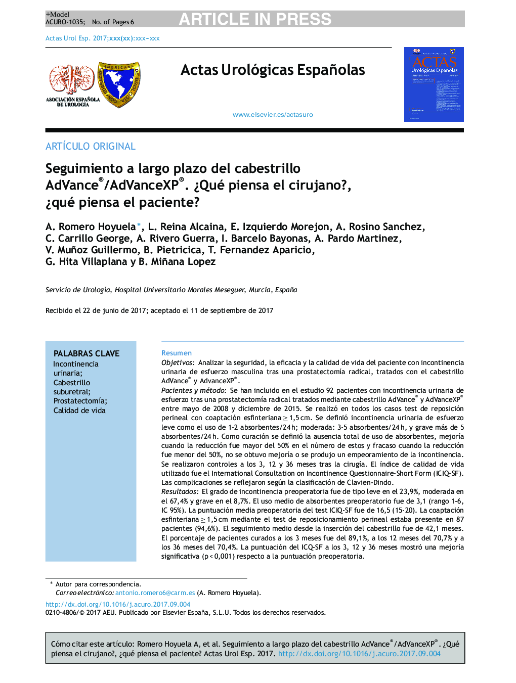 Seguimiento a largo plazo del cabestrillo AdVance®/AdVanceXP®. Â¿Qué piensa el cirujano?, Â¿qué piensa el paciente?