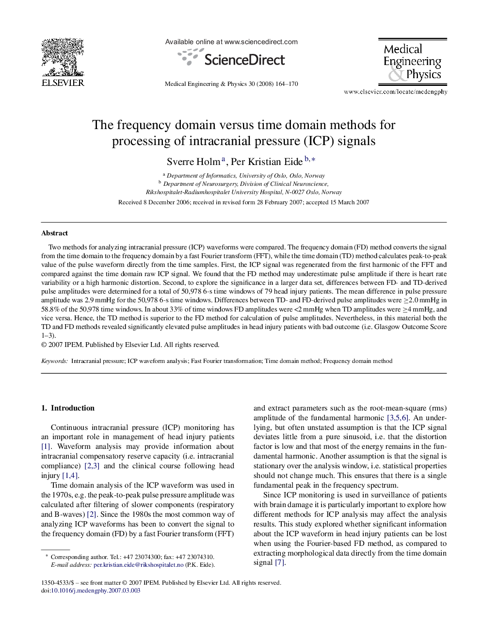 The frequency domain versus time domain methods for processing of intracranial pressure (ICP) signals