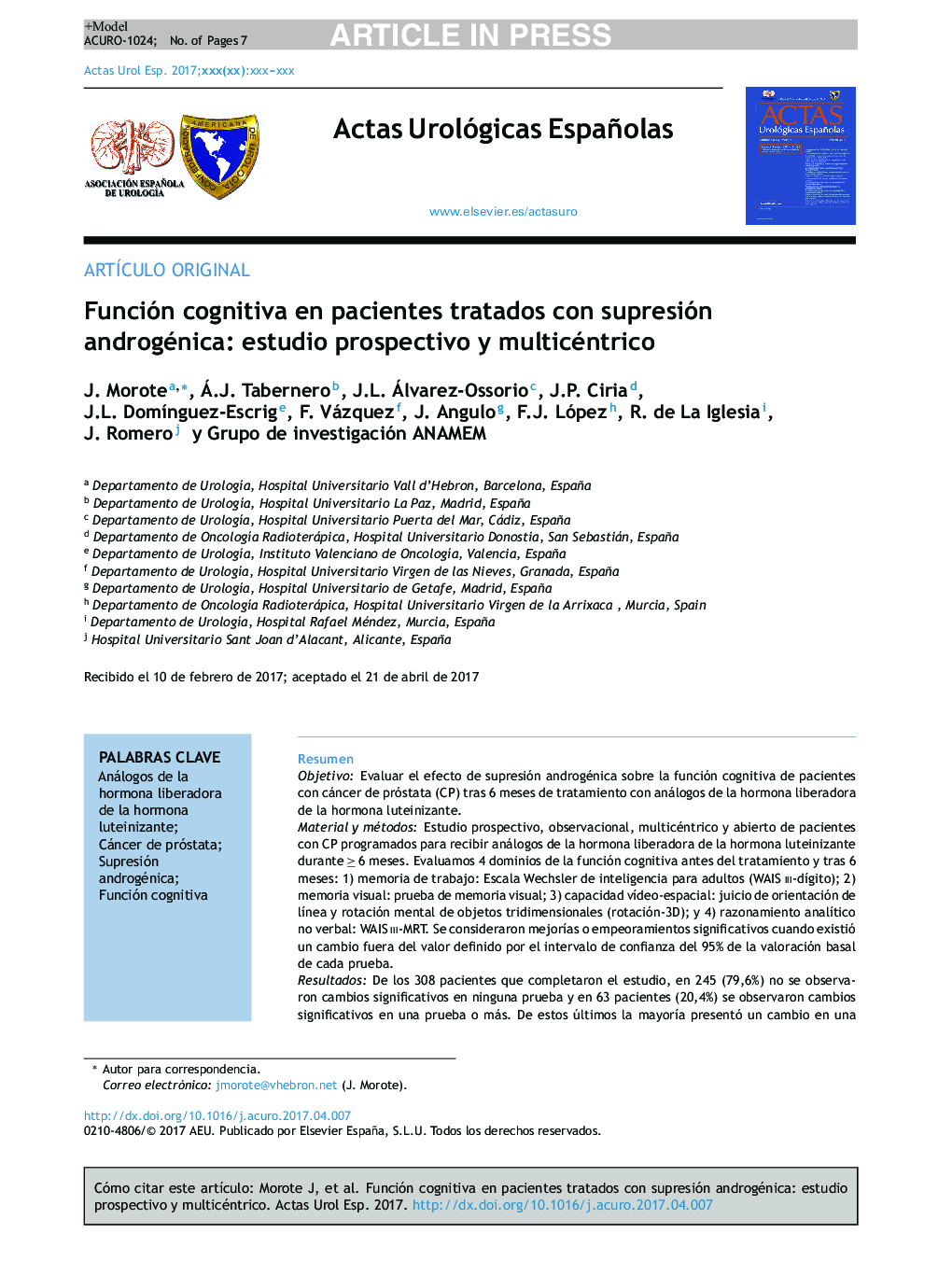 Función cognitiva en pacientes tratados con supresión androgénica: estudio prospectivo y multicéntrico