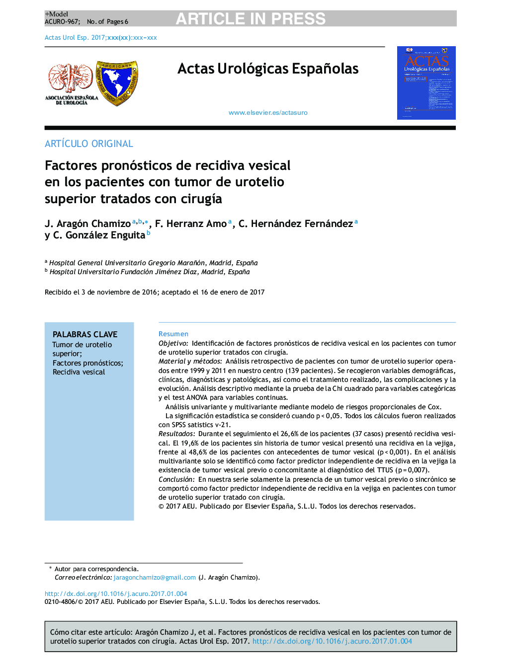 Factores pronósticos de recidiva vesical en los pacientes con tumor de urotelio superior tratados con cirugÃ­a