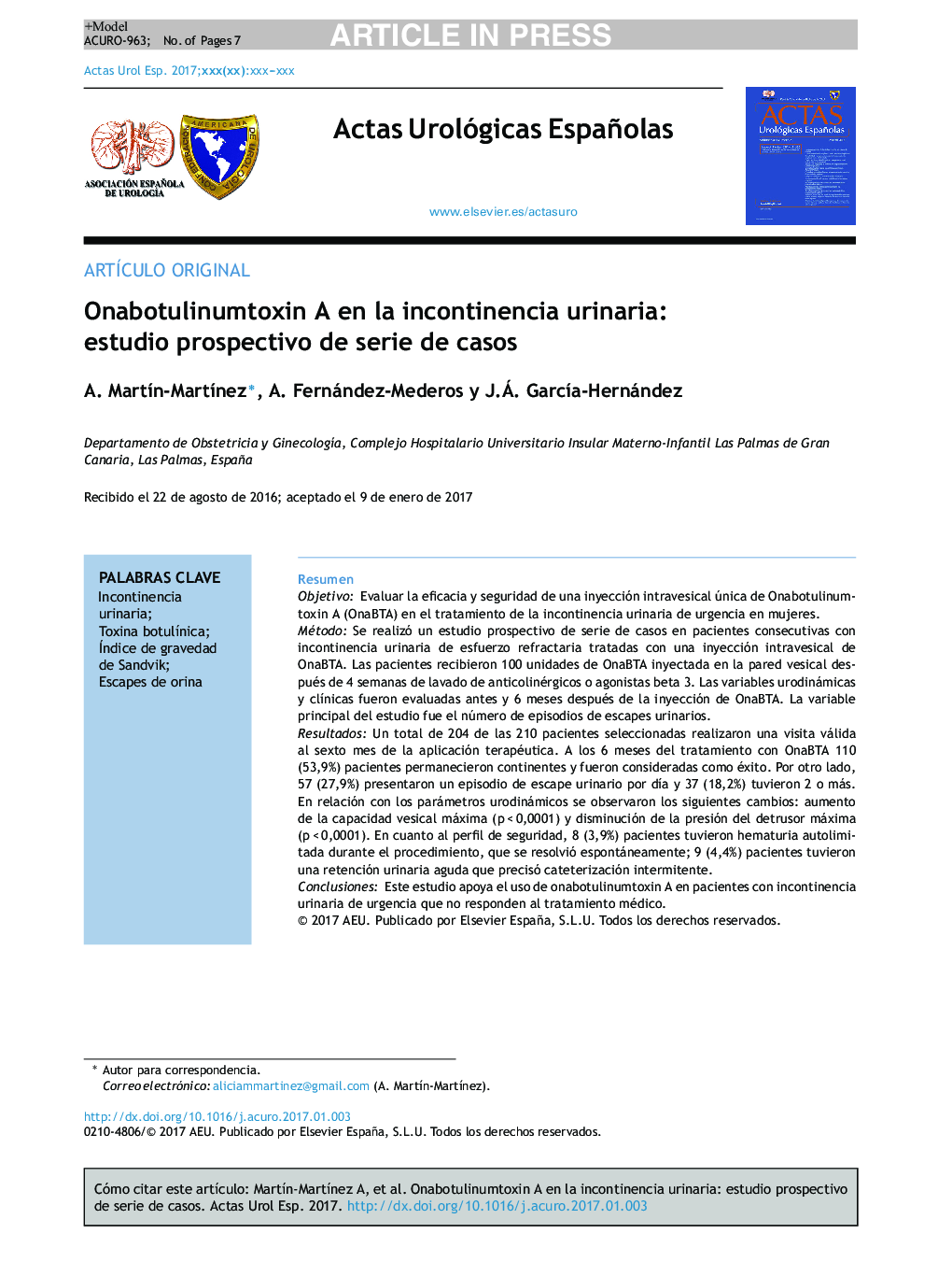 Onabotulinumtoxin A en la incontinencia urinaria: estudio prospectivo de serie de casos