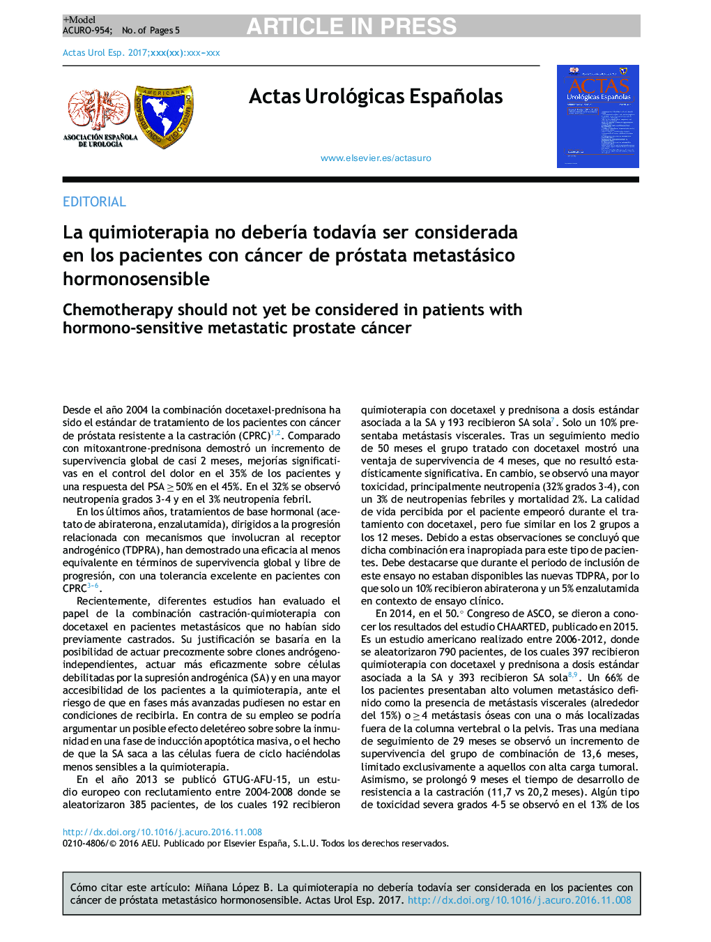 La quimioterapia no deberÃ­a todavÃ­a ser considerada en los pacientes con cáncer de próstata metastásico hormonosensible