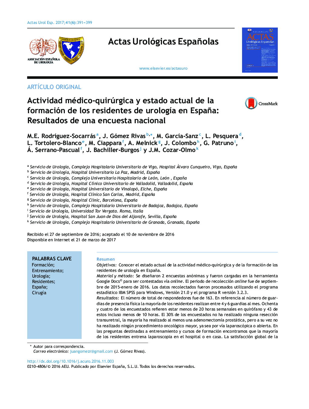 Actividad médico-quirúrgica y estado actual de la formación de los residentes de urologÃ­a en España: Resultados de una encuesta nacional