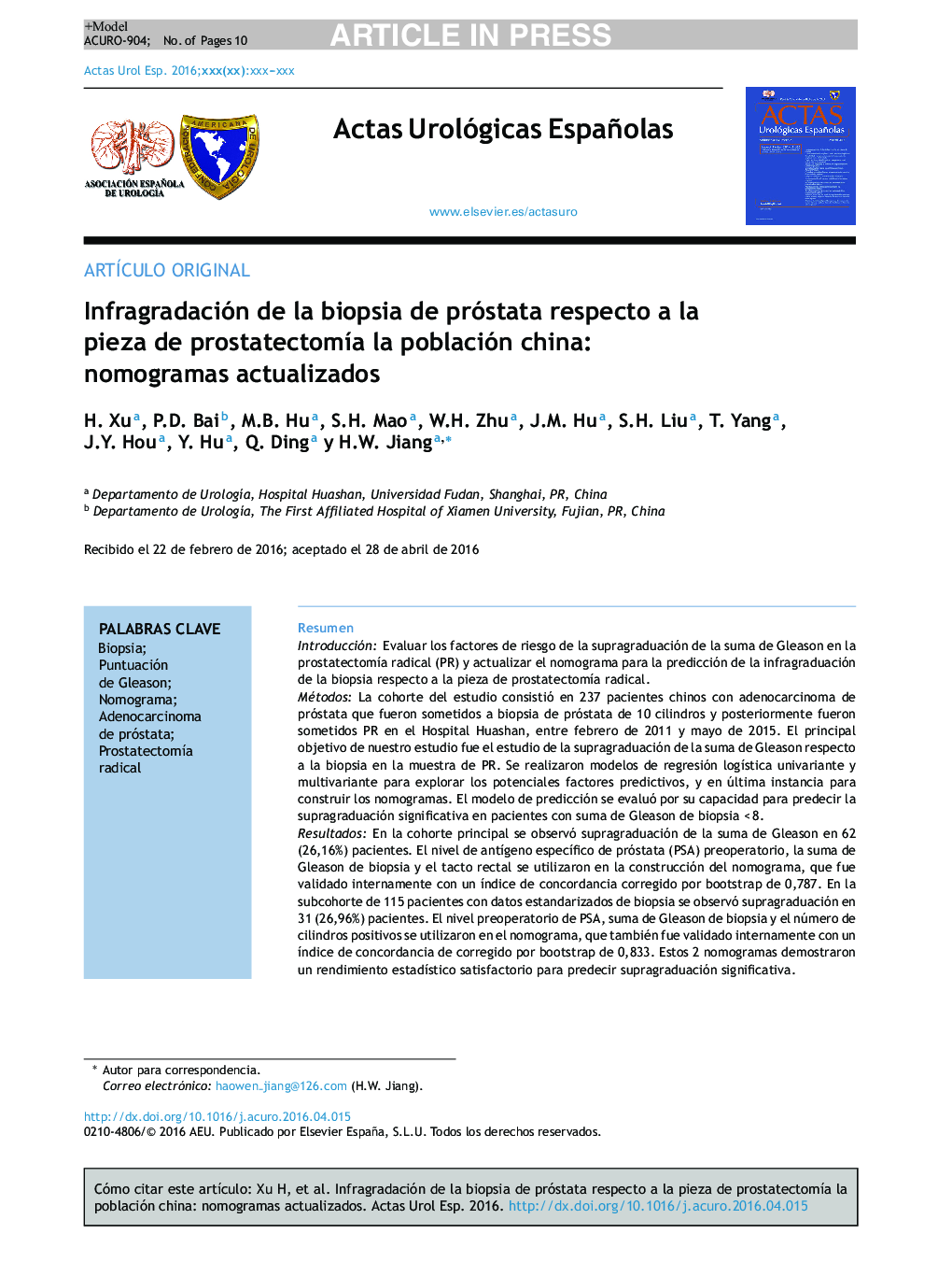 Infragradación de la biopsia de próstata respecto a la pieza de prostatectomÃ­a la población china: nomogramas actualizados