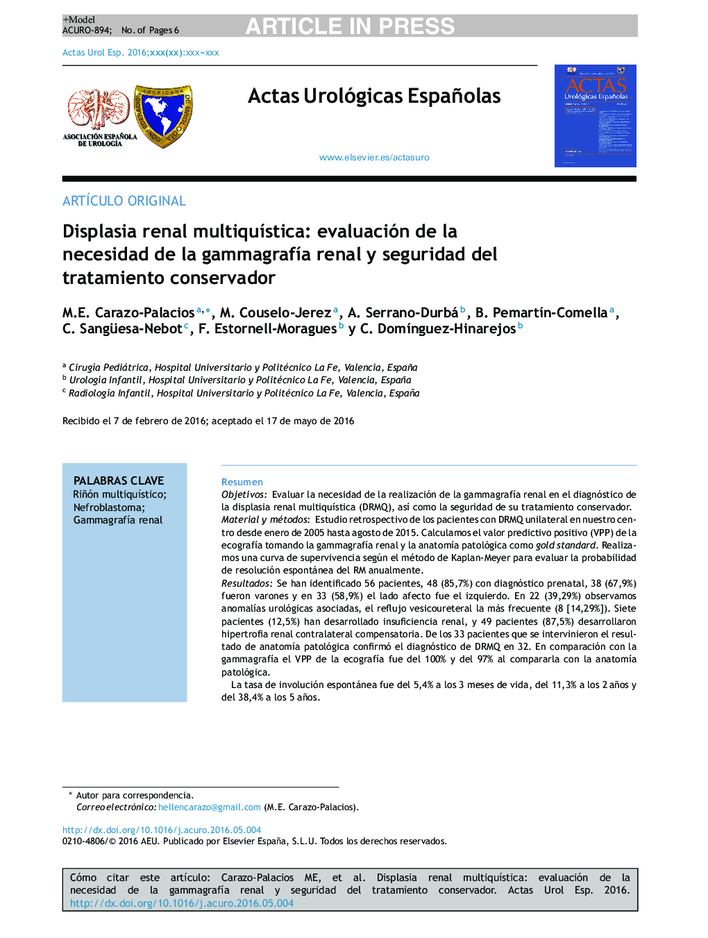 Displasia renal multiquÃ­stica: evaluación de la necesidad de la gammagrafÃ­a renal y seguridad del tratamiento conservador