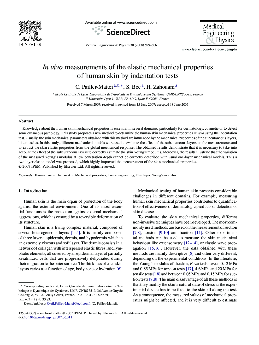 In vivo measurements of the elastic mechanical properties of human skin by indentation tests