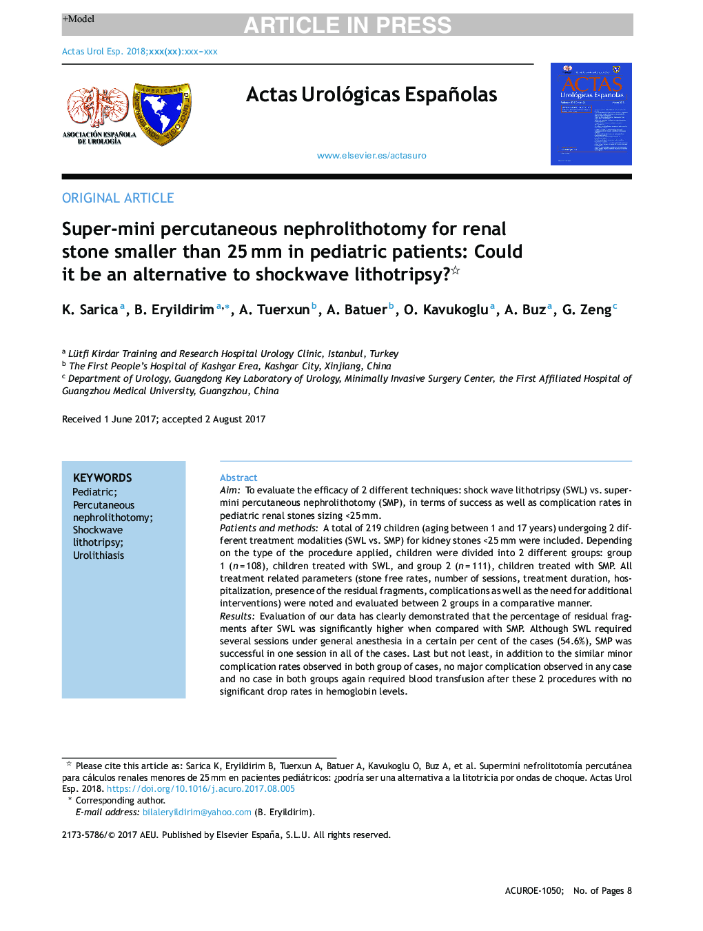 Super-mini percutaneous nephrolithotomy for renal stone smaller than 25Â mm in pediatric patients: Could it be an alternative to shockwave lithotripsy?