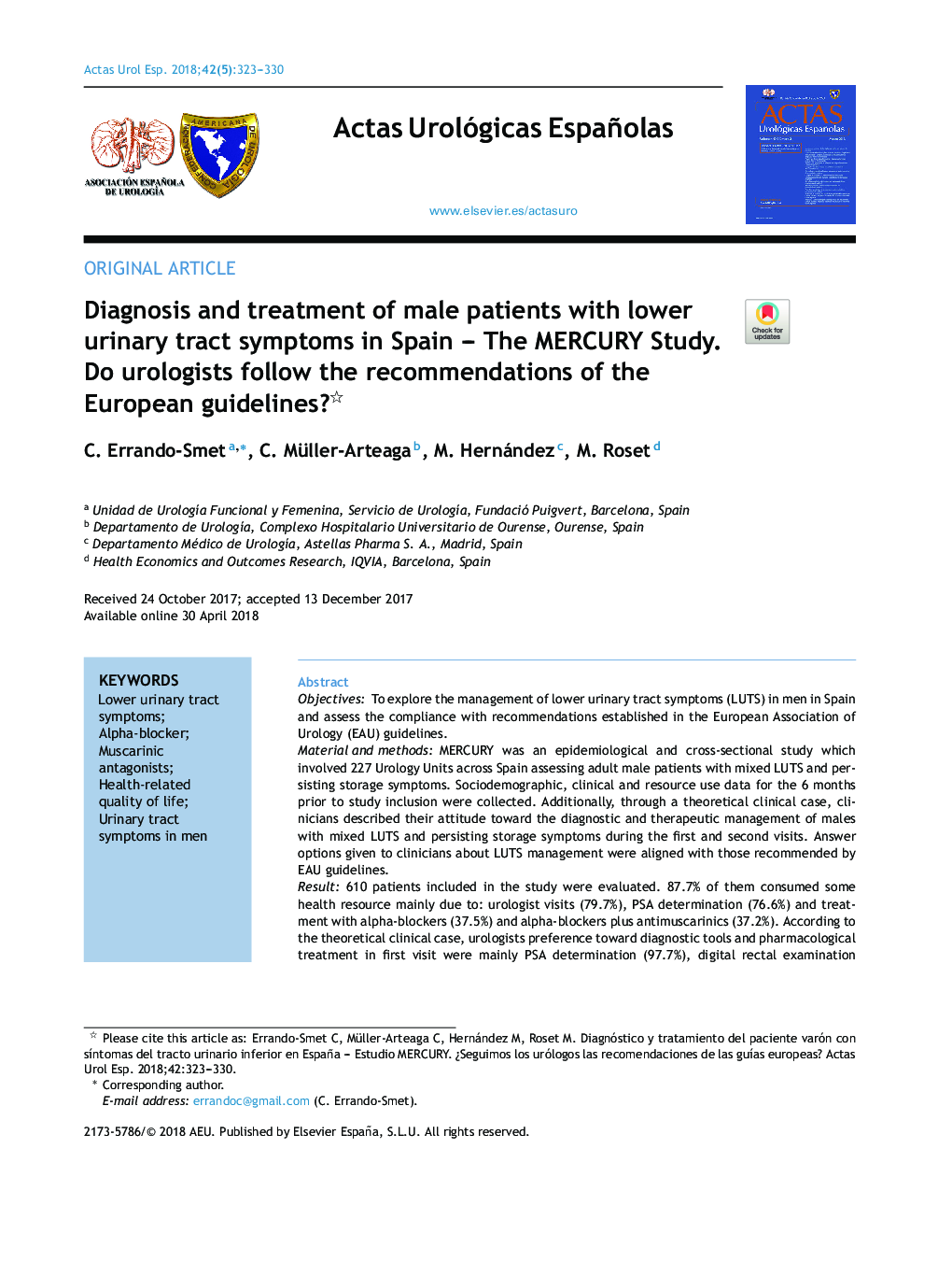 Diagnosis and treatment of male patients with lower urinary tract symptoms in Spain - The MERCURY Study. Do urologists follow the recommendations of the European guidelines?