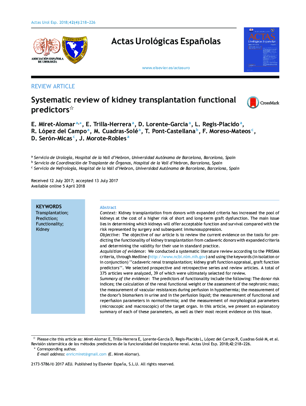 Systematic review of kidney transplantation functional predictors