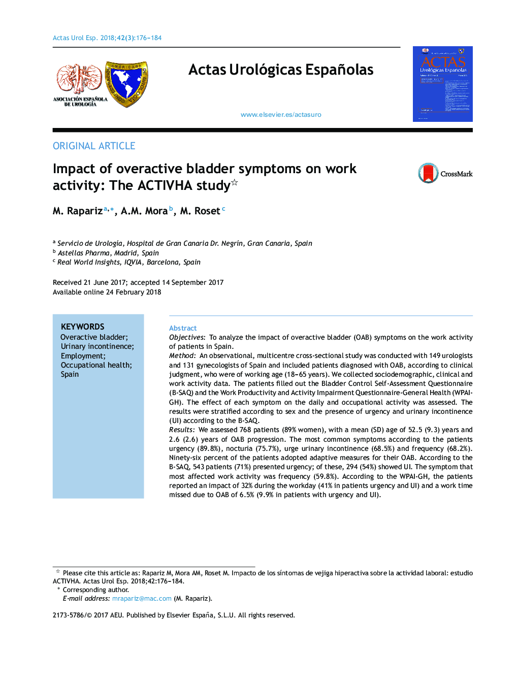 Impact of overactive bladder symptoms on work activity: The ACTIVHA study