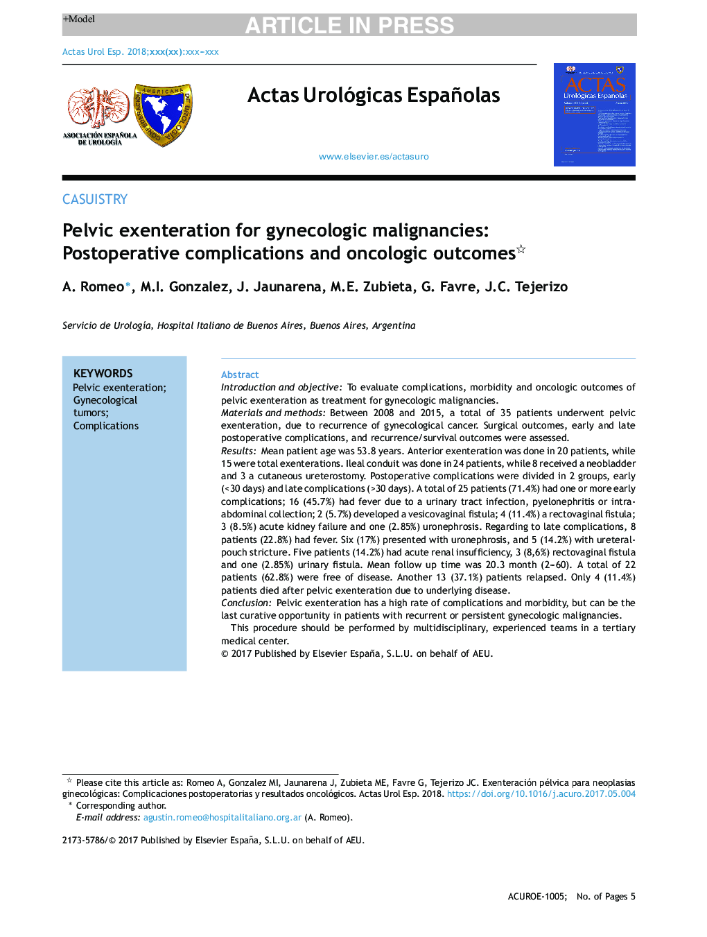 Pelvic exenteration for gynecologic malignancies: Postoperative complications and oncologic outcomes