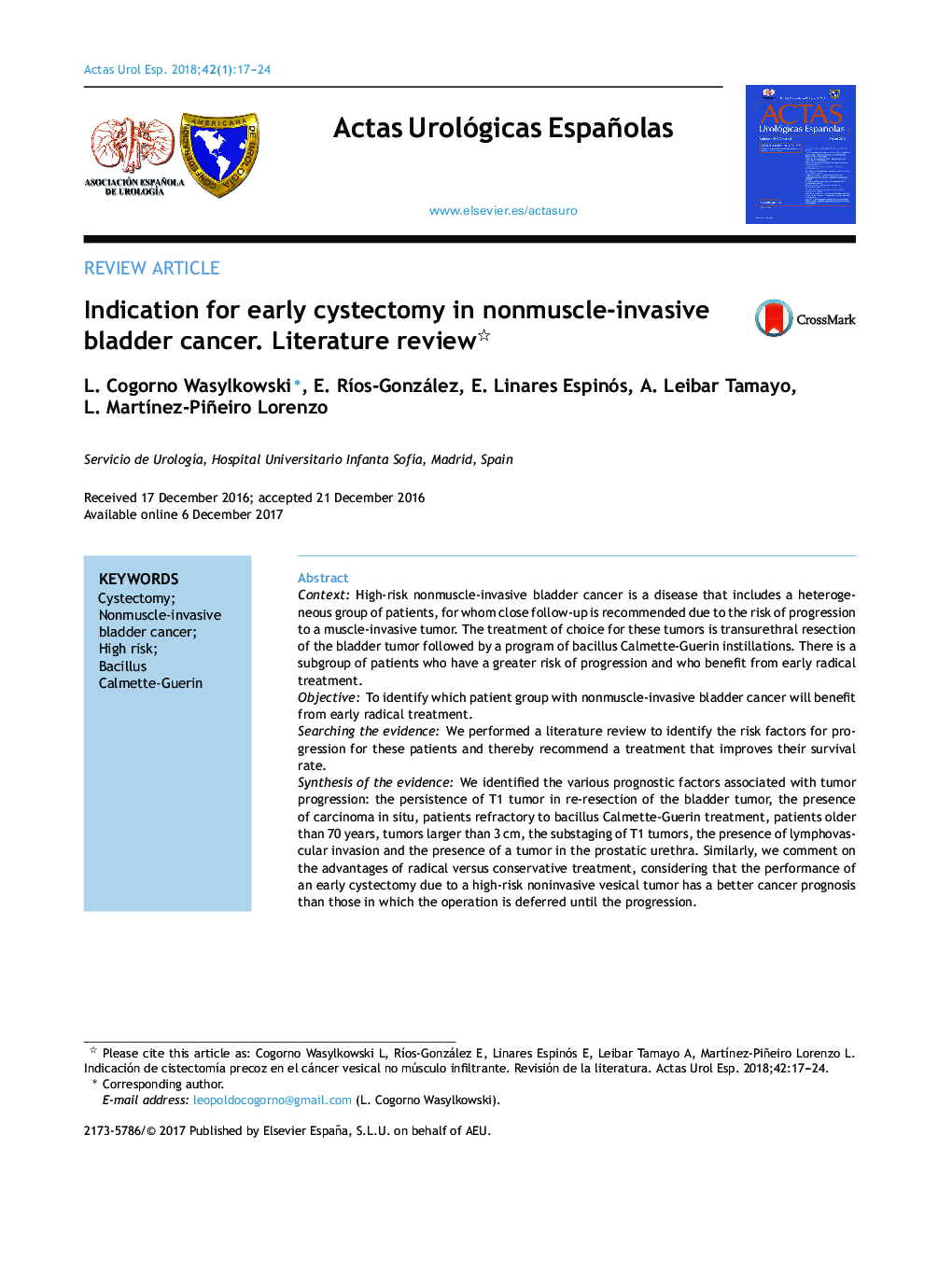 Indication for early cystectomy in nonmuscle-invasive bladder cancer. Literature review