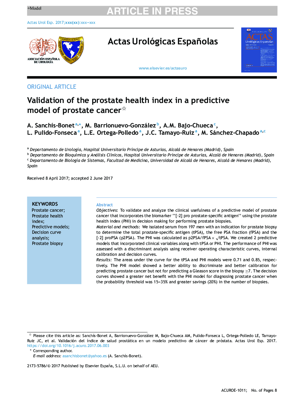 Validation of the prostate health index in a predictive model of prostate cancer
