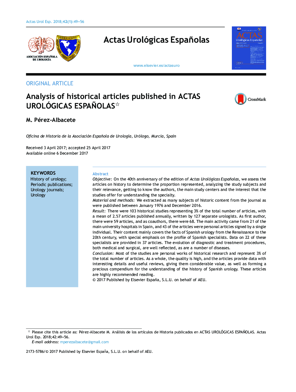 Analysis of historical articles published in ACTAS UROLÃGICAS ESPAÃOLAS