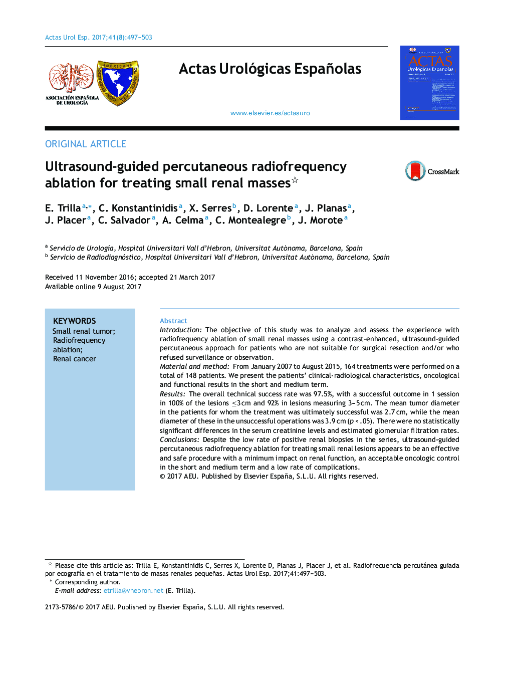 Ultrasound-guided percutaneous radiofrequency ablation for treating small renal masses