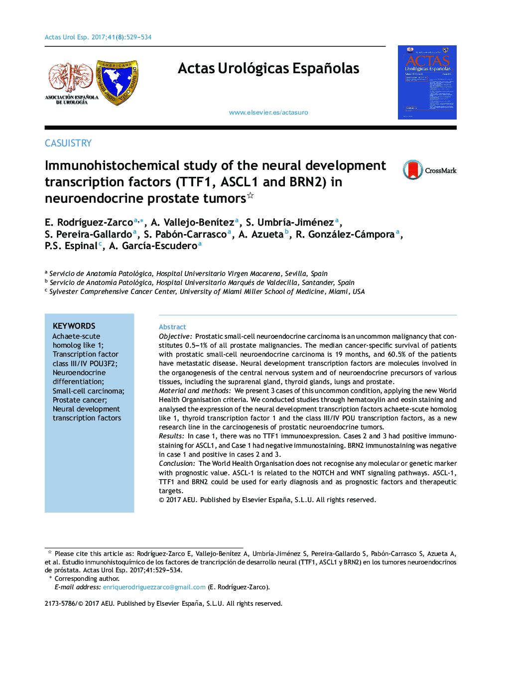 Immunohistochemical study of the neural development transcription factors (TTF1, ASCL1 and BRN2) in neuroendocrine prostate tumors