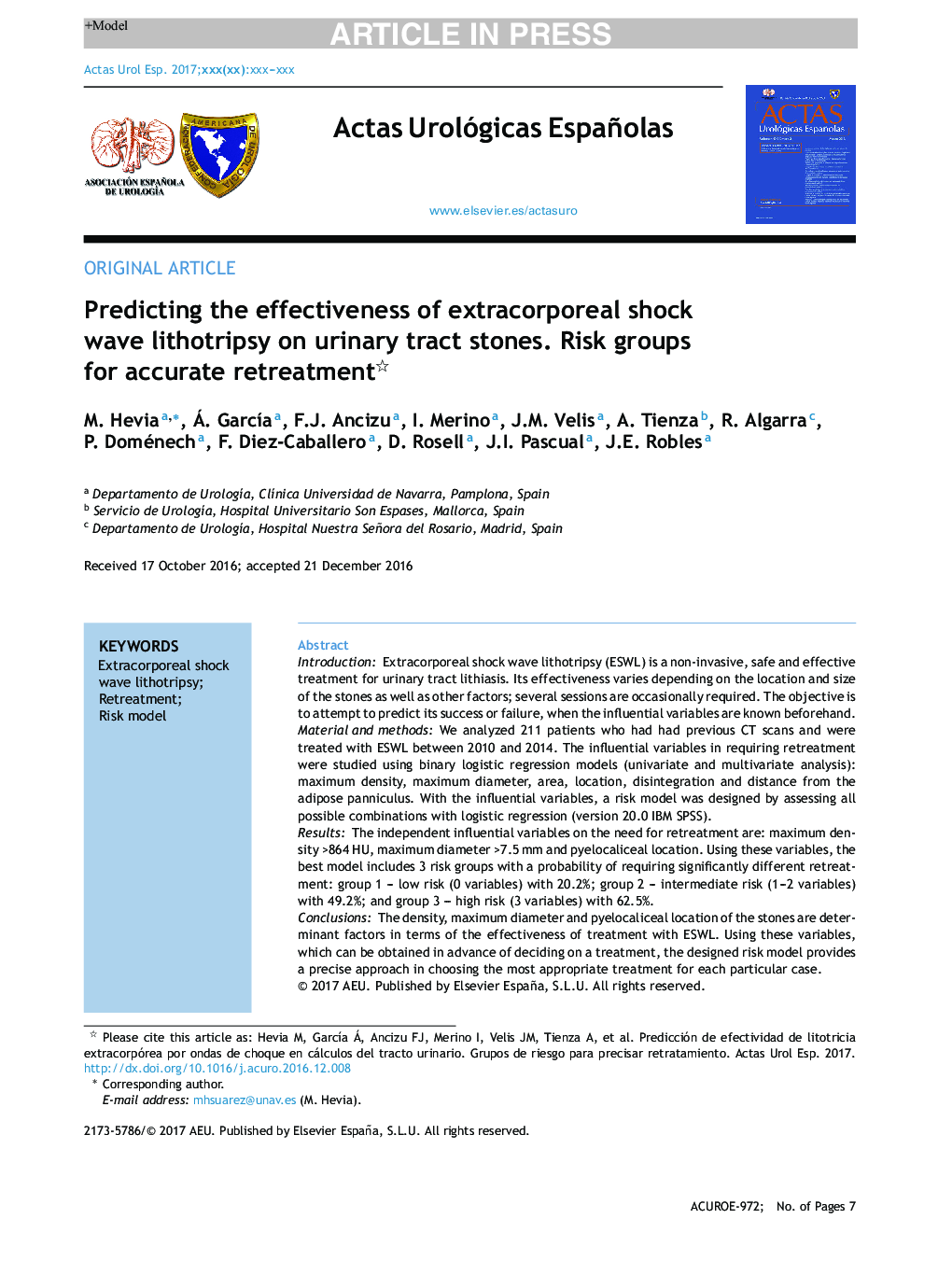 Predicting the effectiveness of extracorporeal shock wave lithotripsy on urinary tract stones. Risk groups for accurate retreatment