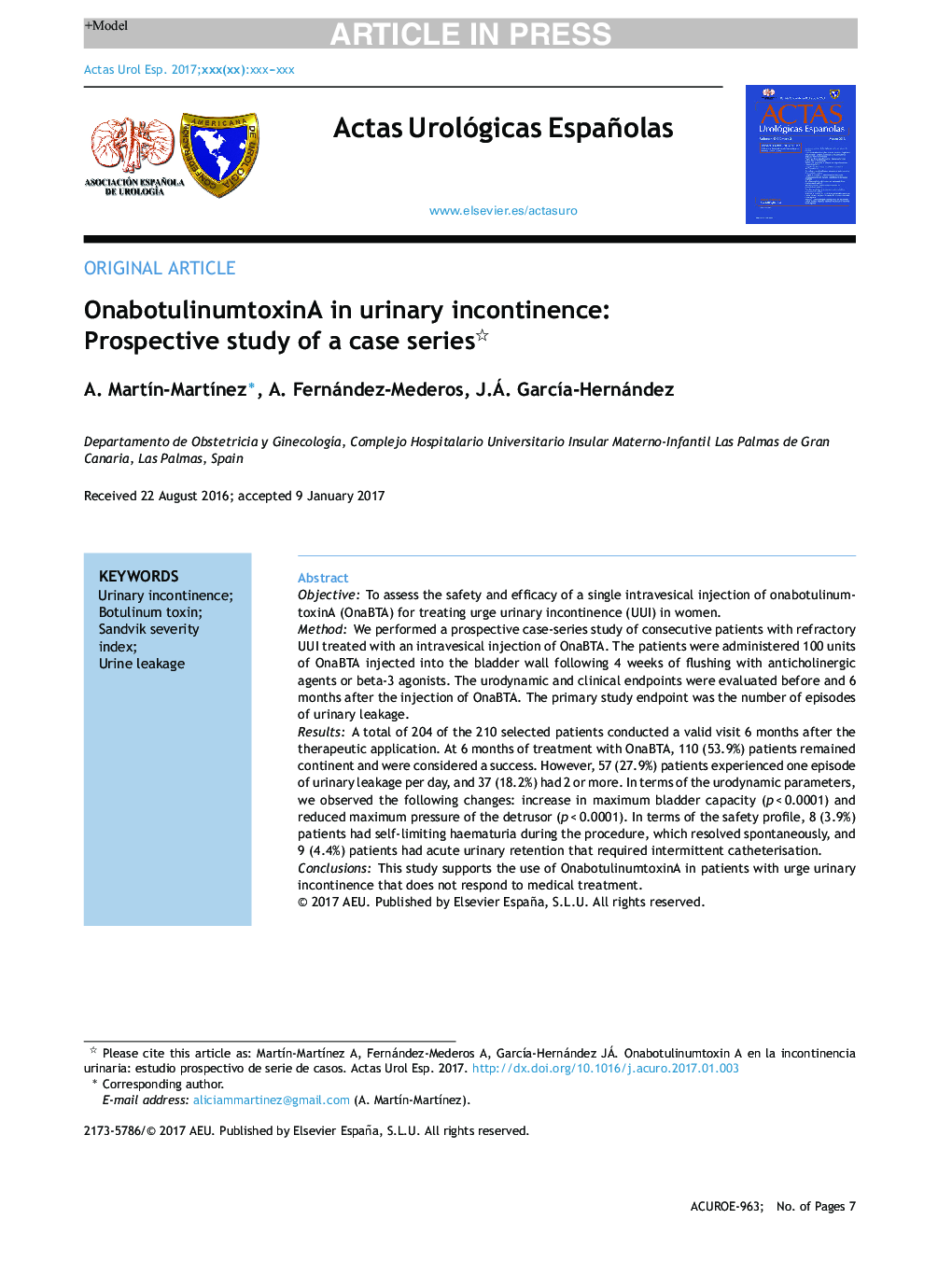 OnabotulinumtoxinA in urinary incontinence: Prospective study of a case series