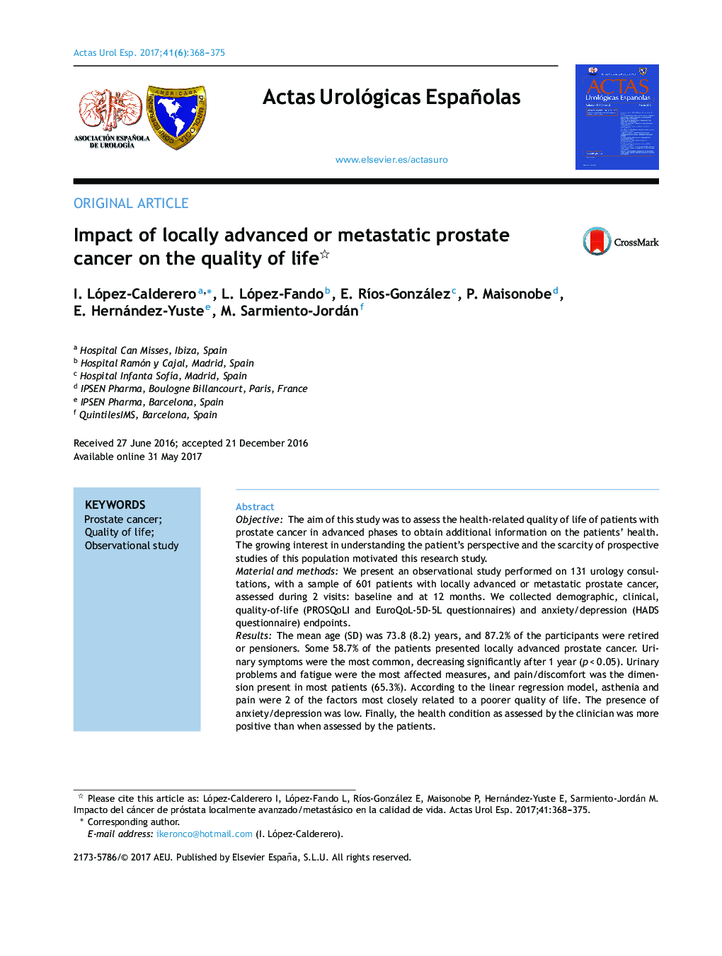 Impact of locally advanced or metastatic prostate cancer on the quality of life