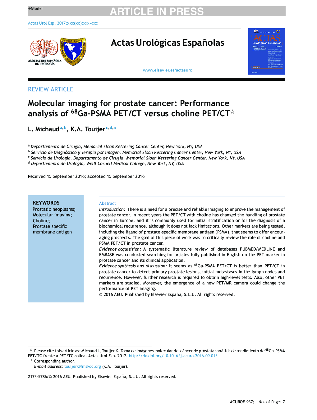 Molecular imaging for prostate cancer: Performance analysis of 68Ga-PSMA PET/CT versus choline PET/CT