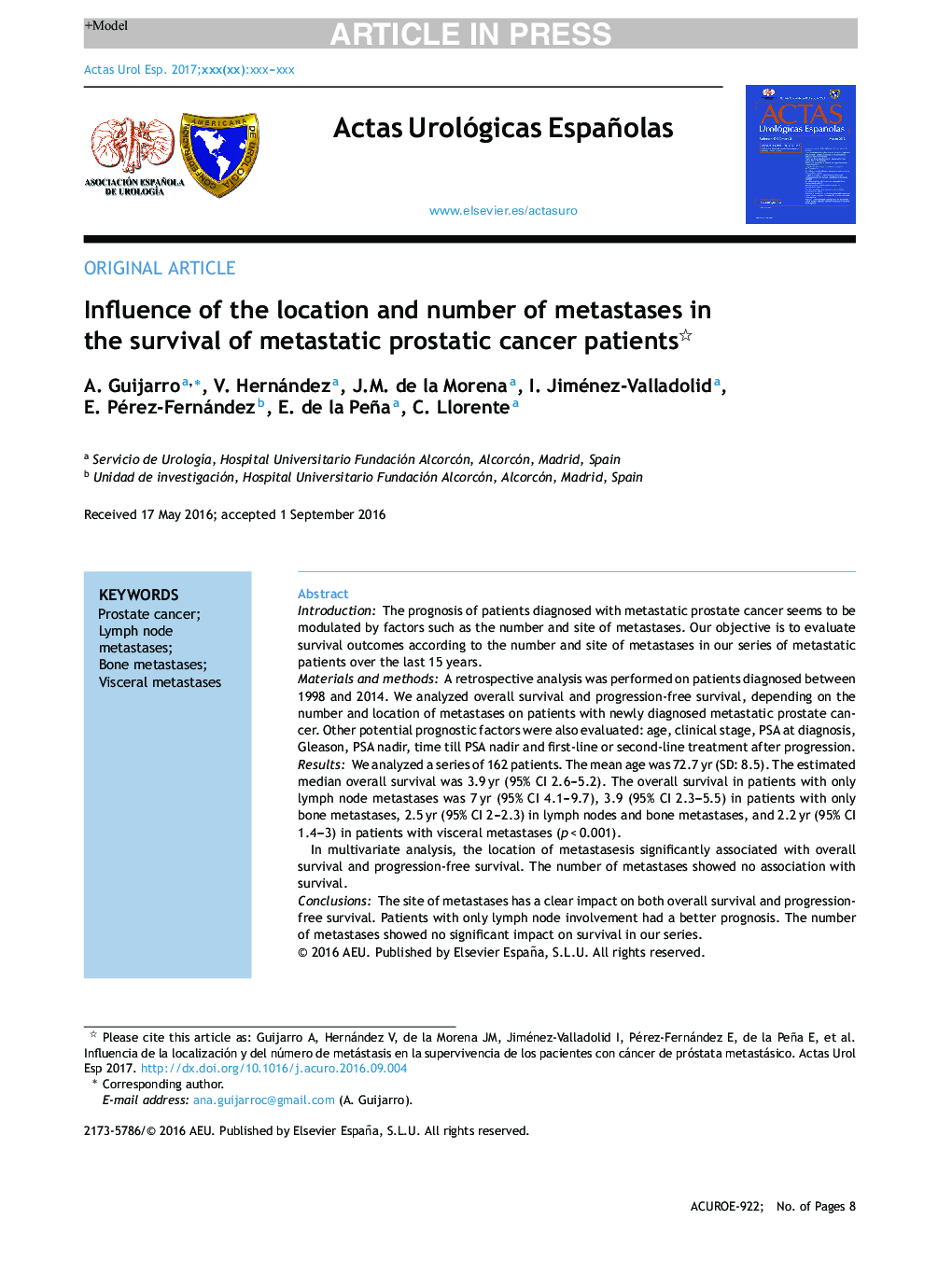 Influence of the location and number of metastases in the survival of metastatic prostatic cancer patients