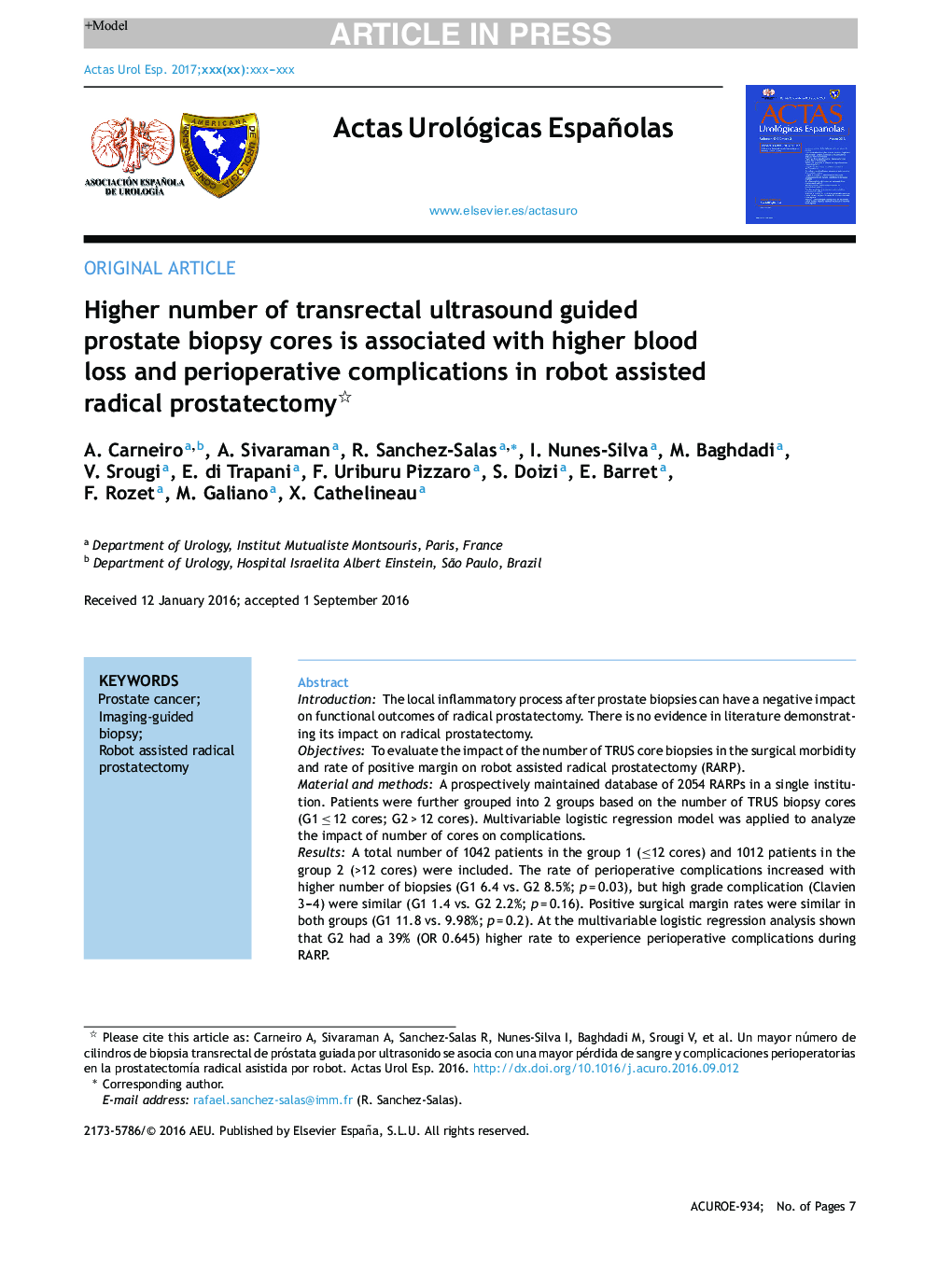 Higher number of transrectal ultrasound guided prostate biopsy cores is associated with higher blood loss and perioperative complications in robot assisted radical prostatectomy