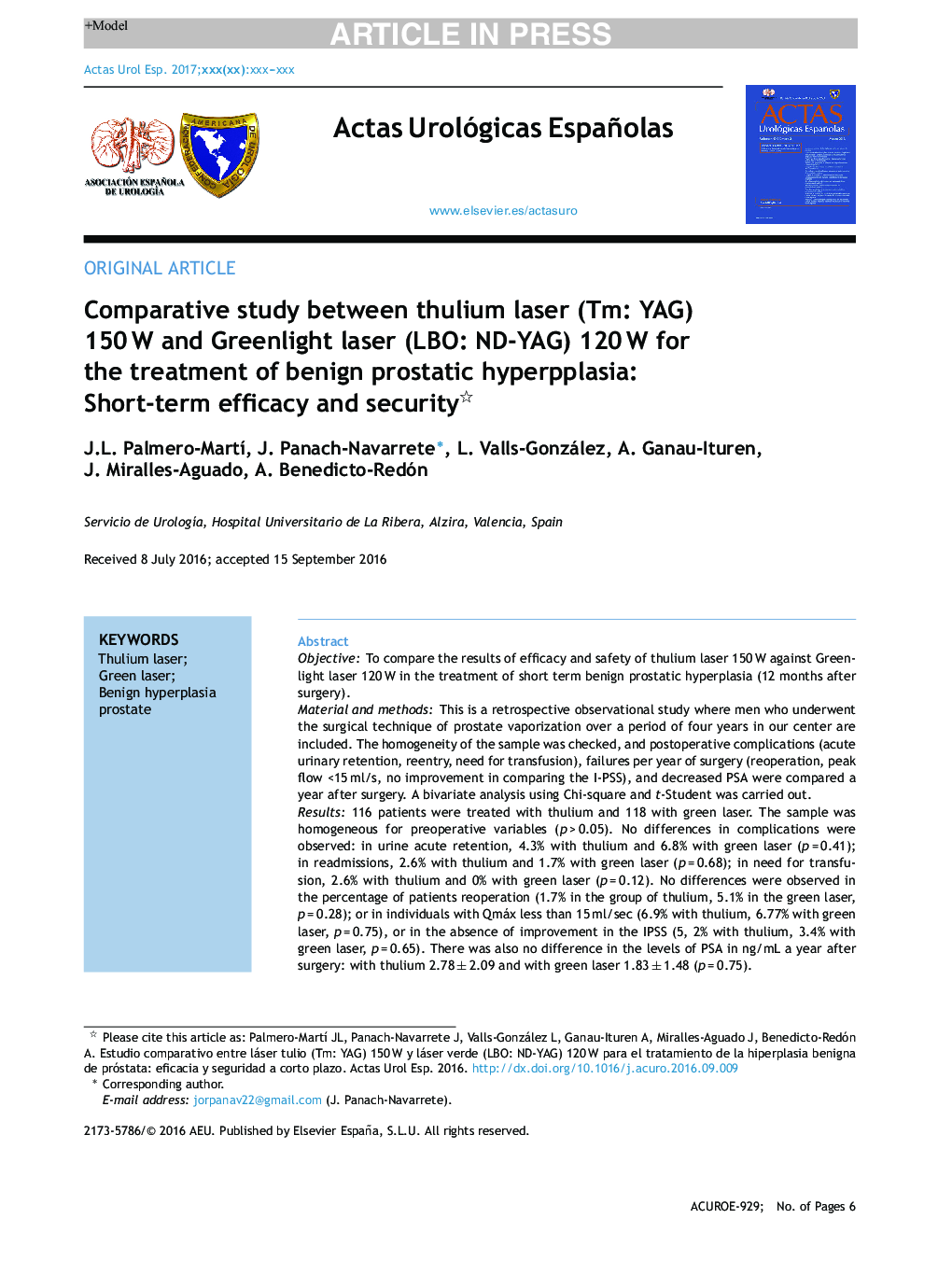 Comparative study between thulium laser (Tm: YAG) 150Â W and Greenlight laser (LBO: ND-YAG) 120Â W for the treatment of benign prostatic hyperpplasia: Short-term efficacy and security