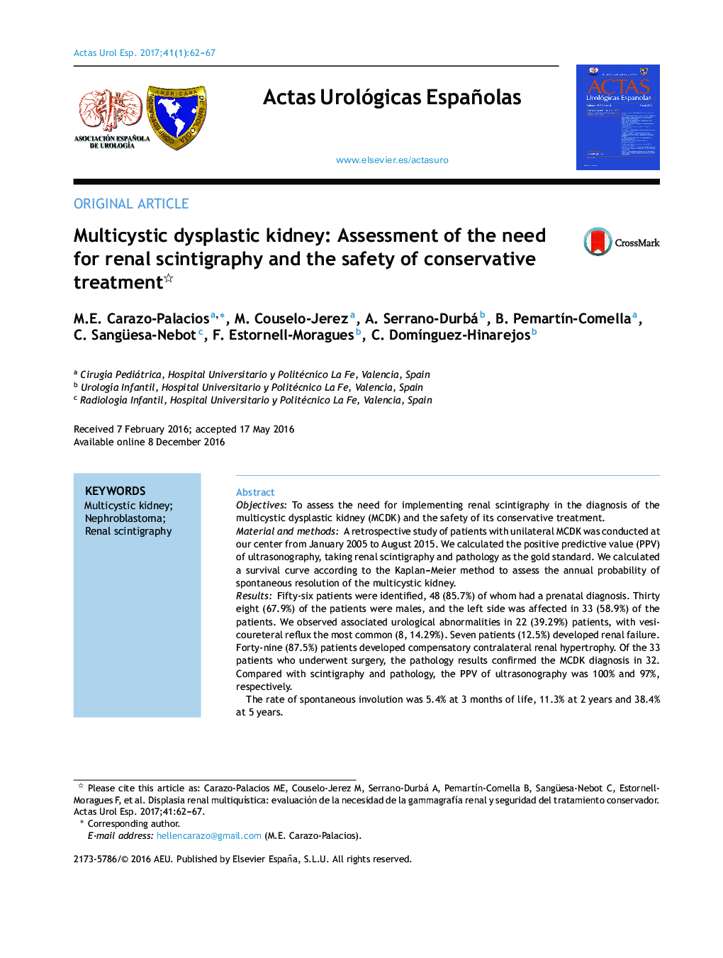 Multicystic dysplastic kidney: Assessment of the need for renal scintigraphy and the safety of conservative treatment