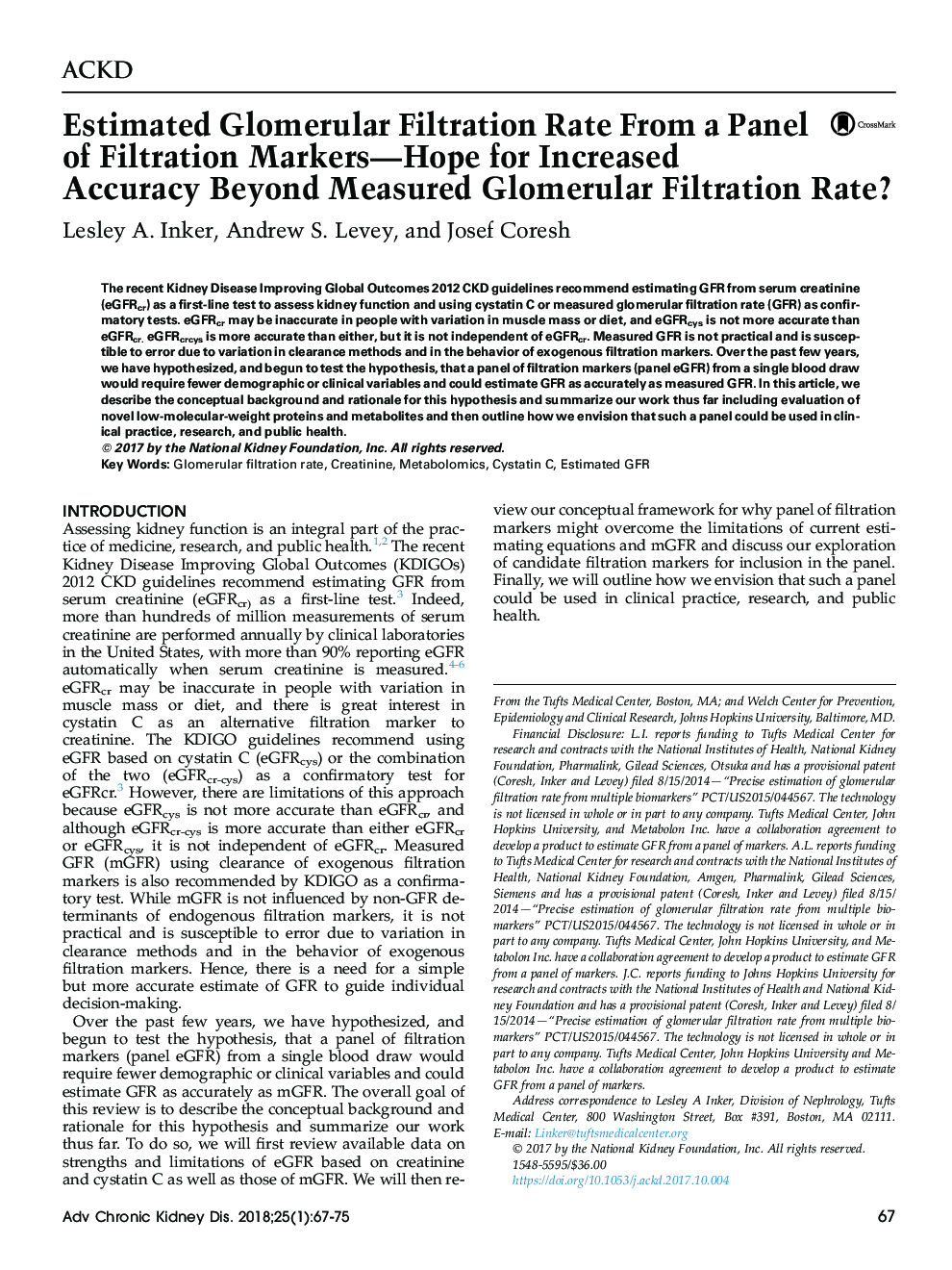برآورد میزان فیلتراسیون گلومرولی از یک پانل نشانگر تصفیه-امید به منظور افزایش دقت بیش از اندازه گیری میزان فیلتراسیون گلومرولی؟ 