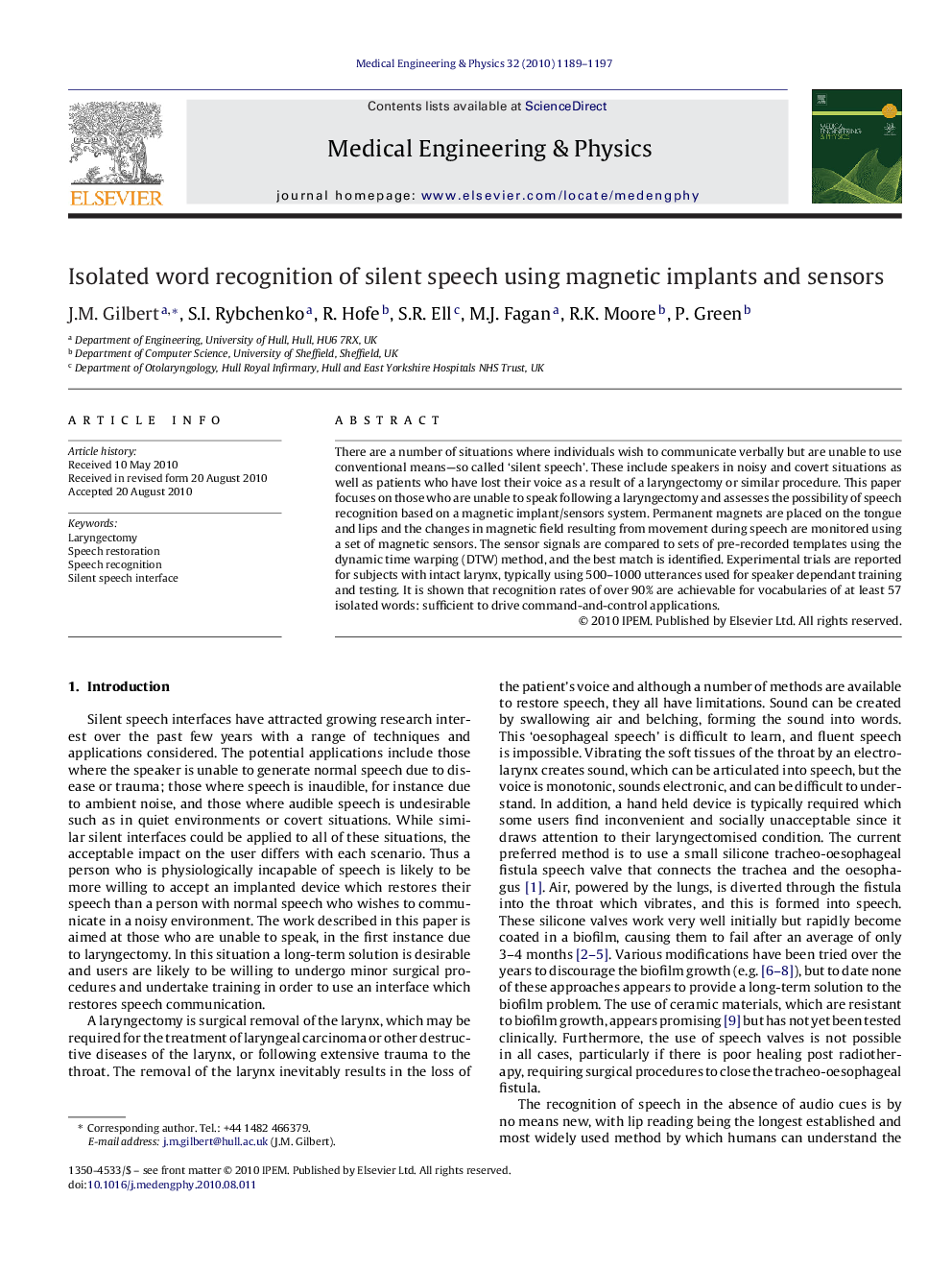 Isolated word recognition of silent speech using magnetic implants and sensors