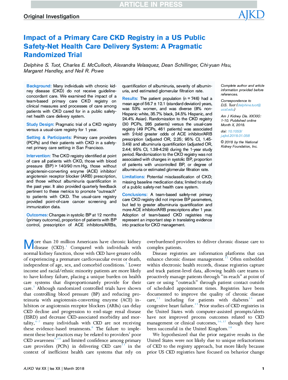 Impact of a Primary Care CKD Registry in a US Public Safety-Net Health Care Delivery System: A Pragmatic Randomized Trial