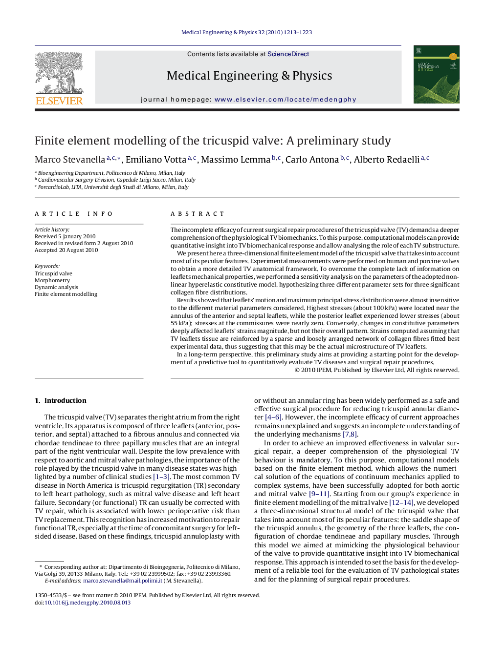 Finite element modelling of the tricuspid valve: A preliminary study