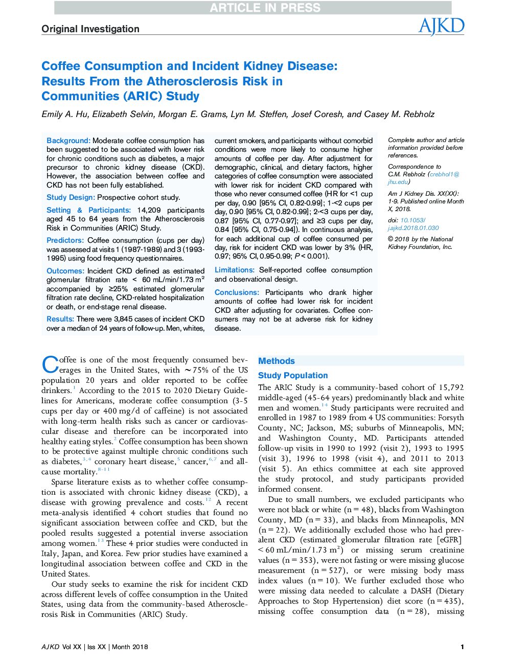 Coffee Consumption and Incident Kidney Disease: Results From the Atherosclerosis Risk in CommunitiesÂ (ARIC) Study