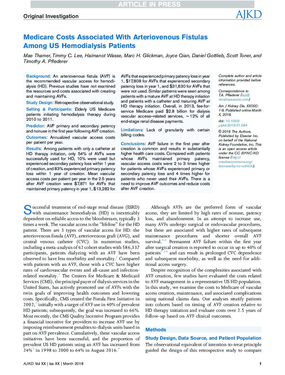 Medicare Costs Associated With Arteriovenous Fistulas Among US Hemodialysis Patients