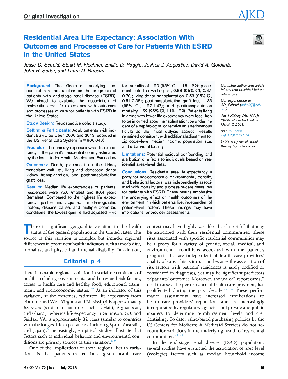 Residential Area Life Expectancy: Association With Outcomes and Processes of Care for Patients With ESRD in the United States