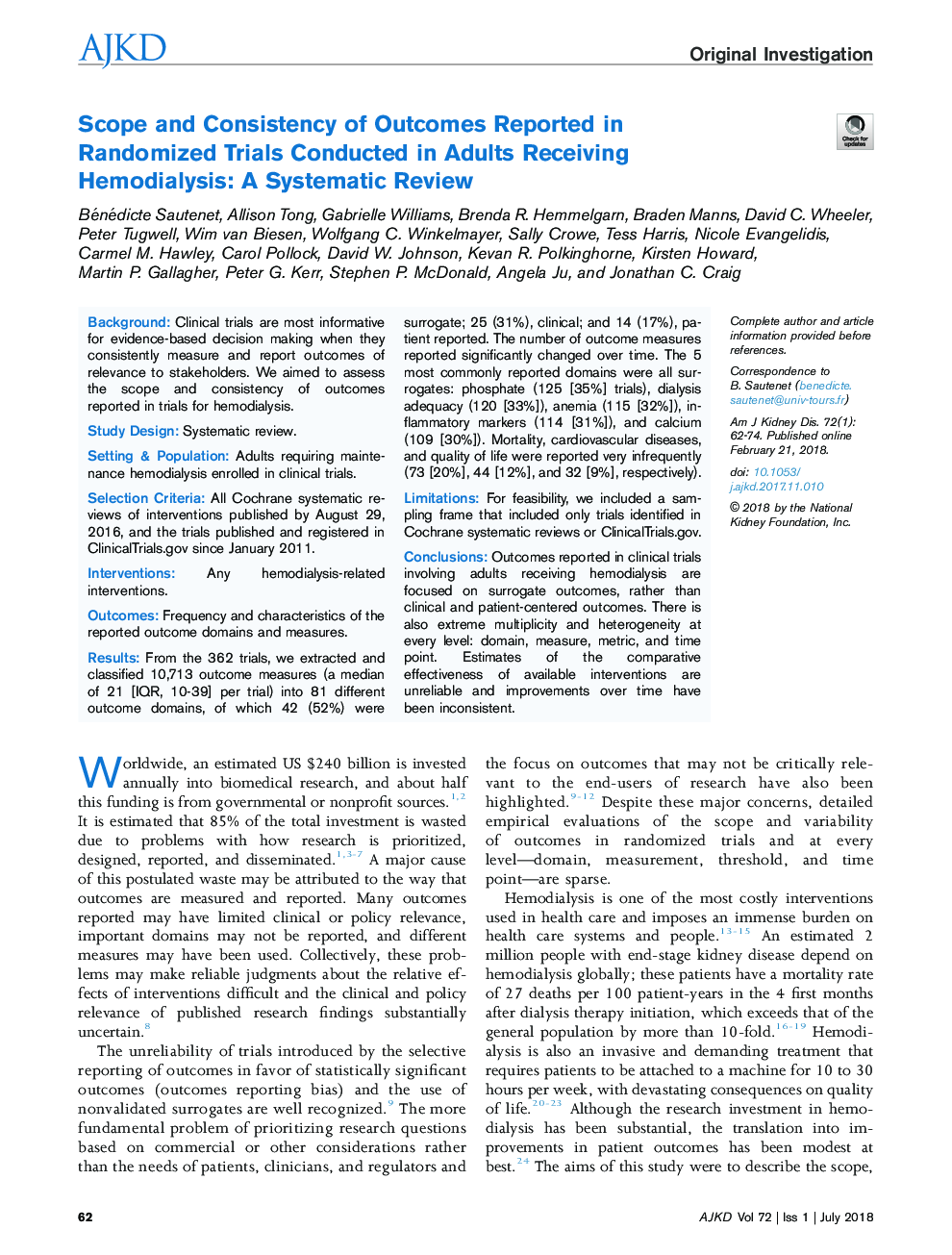 Scope and Consistency of Outcomes Reported in Randomized Trials Conducted in Adults Receiving Hemodialysis: A Systematic Review